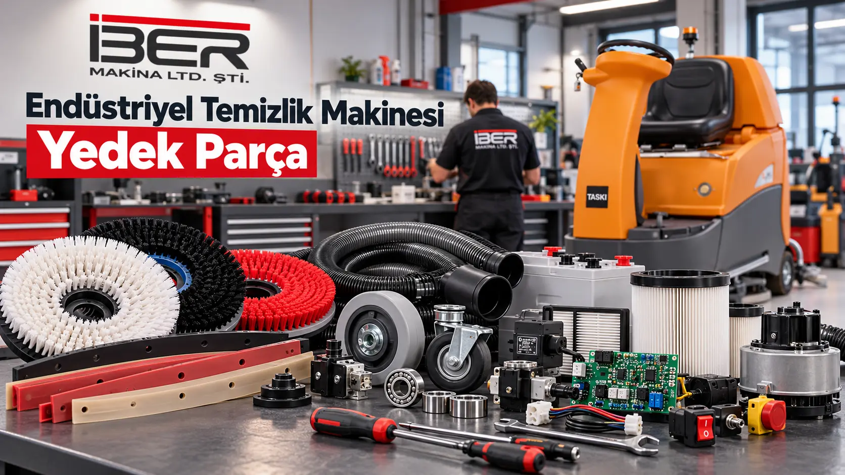 Zemin yıkama makinesi yedek parça çeşitleri; TASKI makinesi, disk fırçalar, sıyırıcı lastikler, filtreler ve elektrik kontrol parçaları