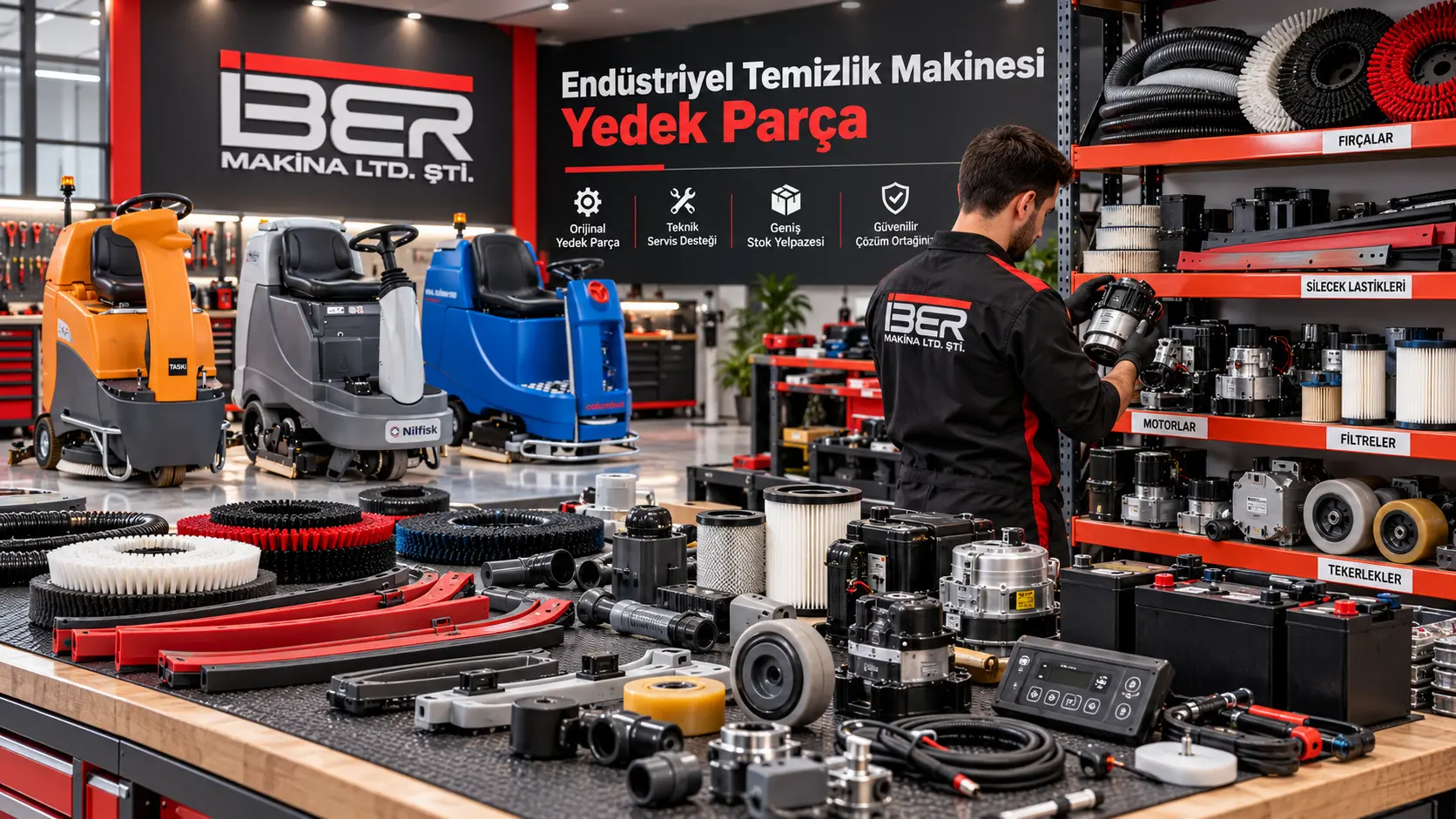 İber Makina endüstriyel temizlik makinesi yedek parçaları; TASKI, Nilfisk ve Columbus zemin temizleme makineleri, fırça, vakum motoru ve filtreler